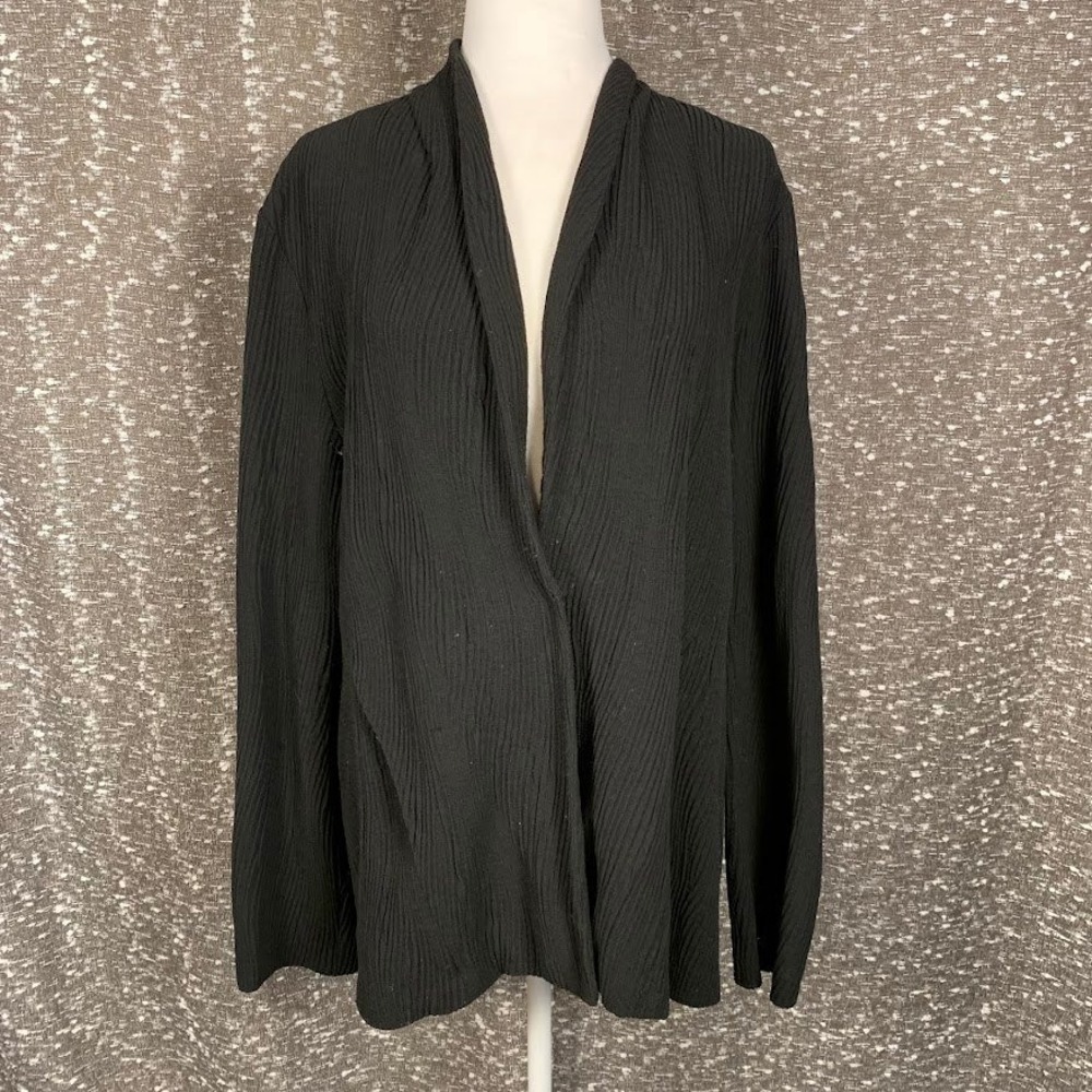 Eileen Fisher Black Crinkle Textured Cardigan Jacket Preppy Women's Large